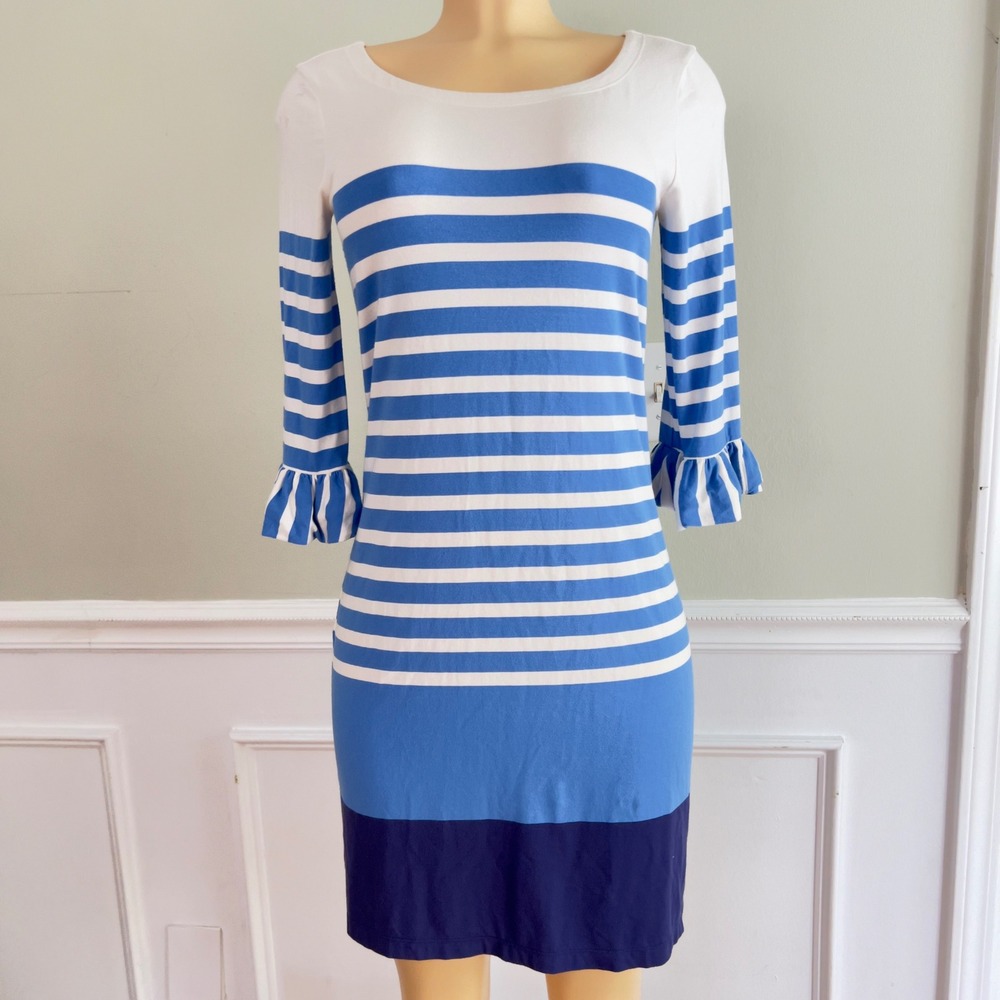 Lilly Pulitzer Dress S Striped Ruffle Sleeve Blue White Nautical Coastal Preppy